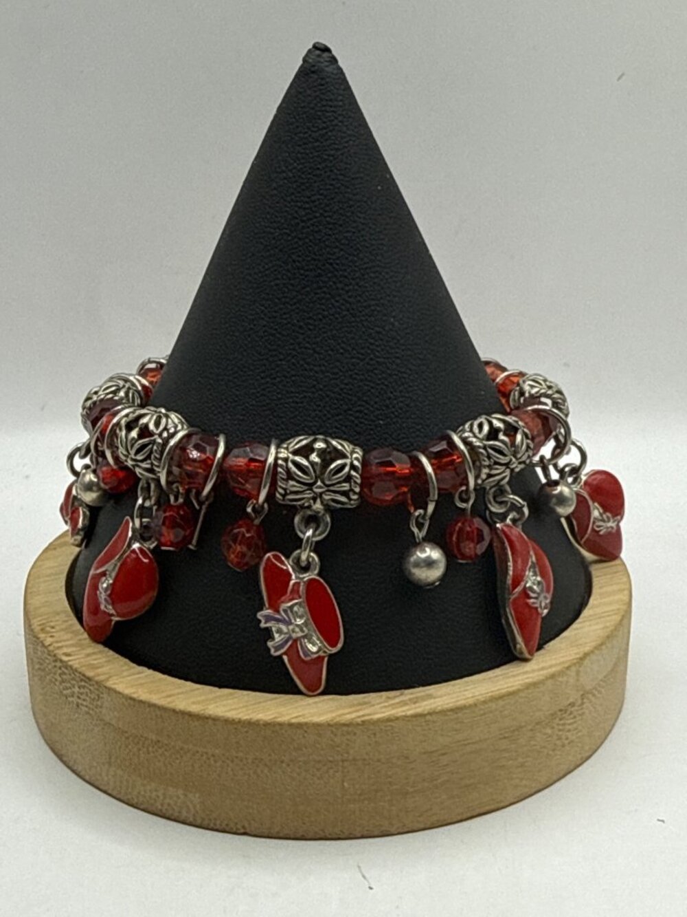 Vintage Red Hat Society Charm Bracelet Beaded Red Enamel Silver Chunky Twee